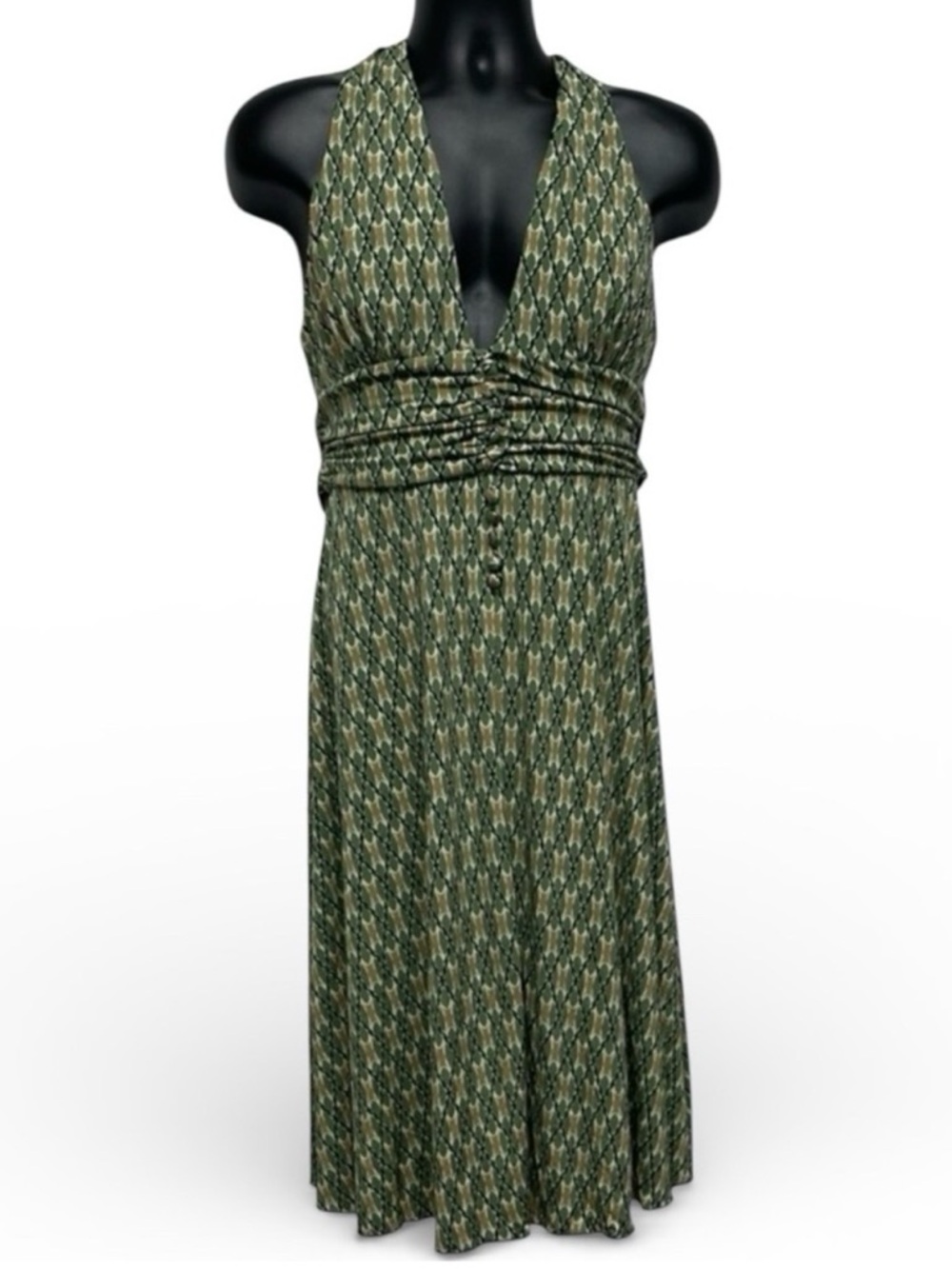 AGB Olive Green Halter Midi Dress Open Back Resort Vacation Dress 10 - Picture 2 of 6